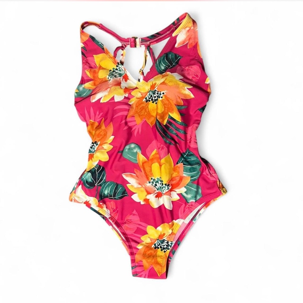 Kona Sol women’s Floral One-Piece Swimsuit in Pink, Yellow, Green